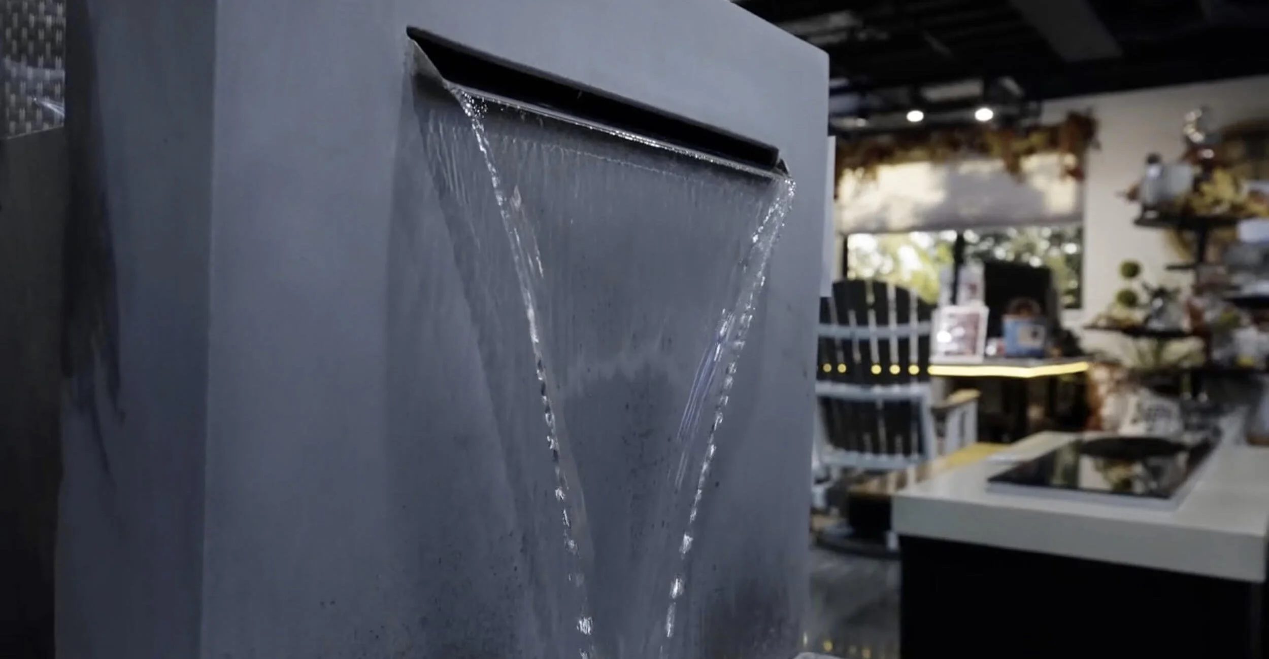 Water feature at the outdoor living showroom in Troy, Shelby Township, and Rochester Hills, MI