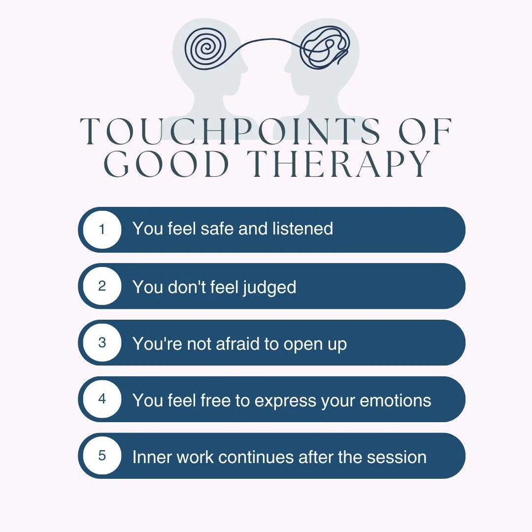 ✨ What Does Good Therapy Feel Like? 💙

It&rsquo;s more than just talking&mdash;it&rsquo;s healing, growing, and feeling truly understood.

💬 Key Touchpoints of Good Therapy:

✔️ You feel safe and listened to
✔️ There&rsquo;s zero judgment&mdash;jus