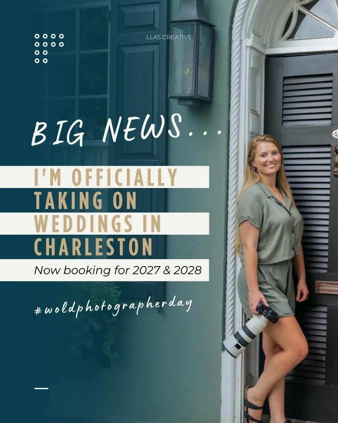 💬 Comment CHARLESTON and I&rsquo;ll send you everything you need to start your wedding photography experience!

BIG NEWS 🍾
What better day than #worldphotographyday to officially share the next chapter of LLAS Creative&hellip;
LLAS Creative Wedding