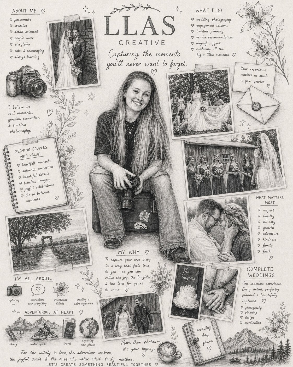What part of this collage catches your eye first? 🤍
I would love to hear your thoughts 💬

Prompt used:
&ldquo;Create a highly detailed pencil sketch scrapbook collage in a vertical 4:5 format. Place the photographer&rsquo;s portrait in the center a