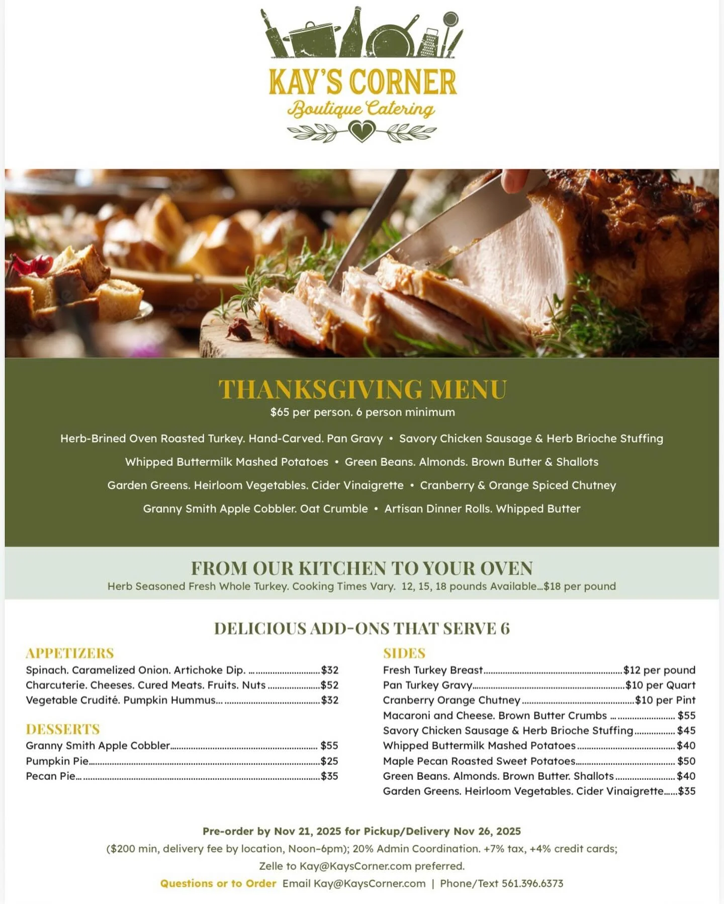 Give thanks, eat well, and skip the stress.🧡 Our holiday menu is LIVE &mdash; delicious classics and fresh flavors.
Place your orders with Kay&rsquo;s Corner and let us take care of the cooking! 🦃🥧
➡️ Email kay@kayscornerfl.com or call (561) 396-6