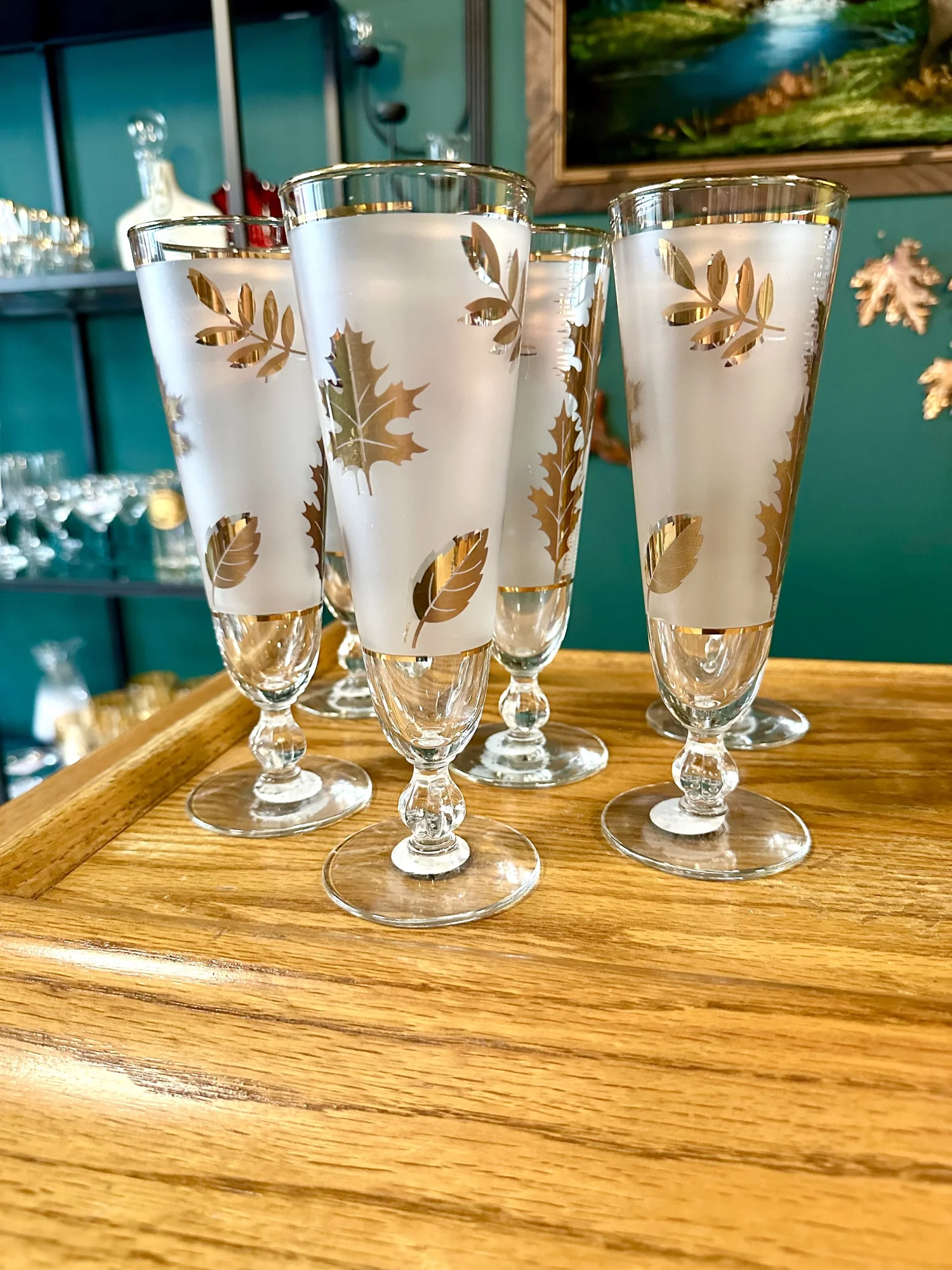 Rare Large 60+ Piece Collection Vintage Libbey 22K Gold Leaf  Set of 6 1950 vintage Libbey Pilsner glasses frosted 22kt gold leaf display picture 1