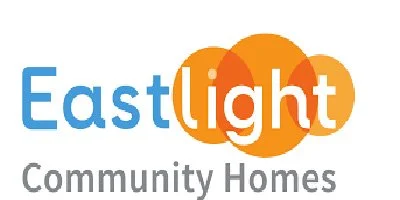 East Light Community Homes logo with blue, orange, and gray text and circles.