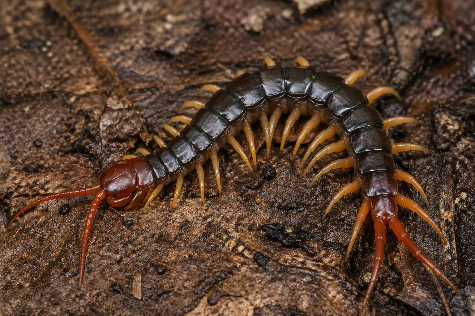 Centipede on dirt. 