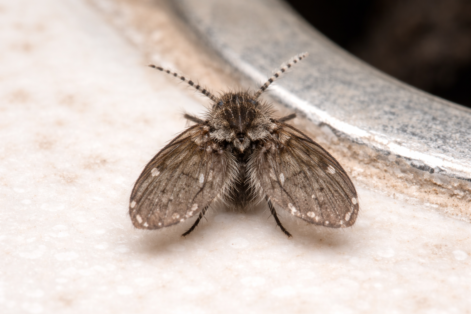 Drain fly resting near sink