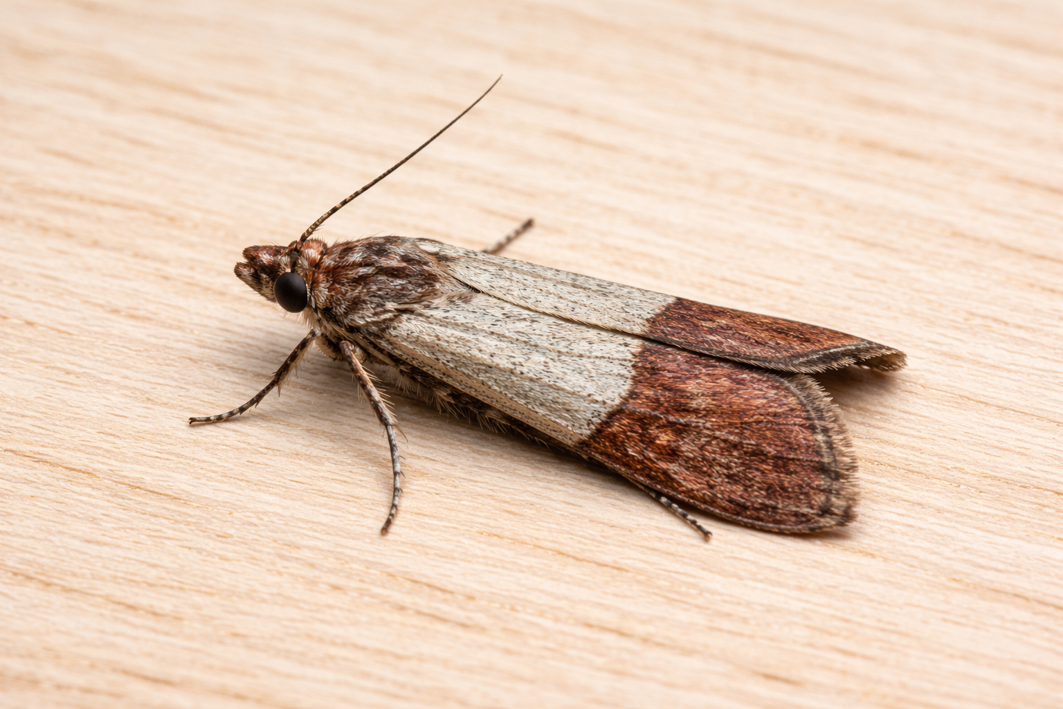 indian meal moth on wooden surface