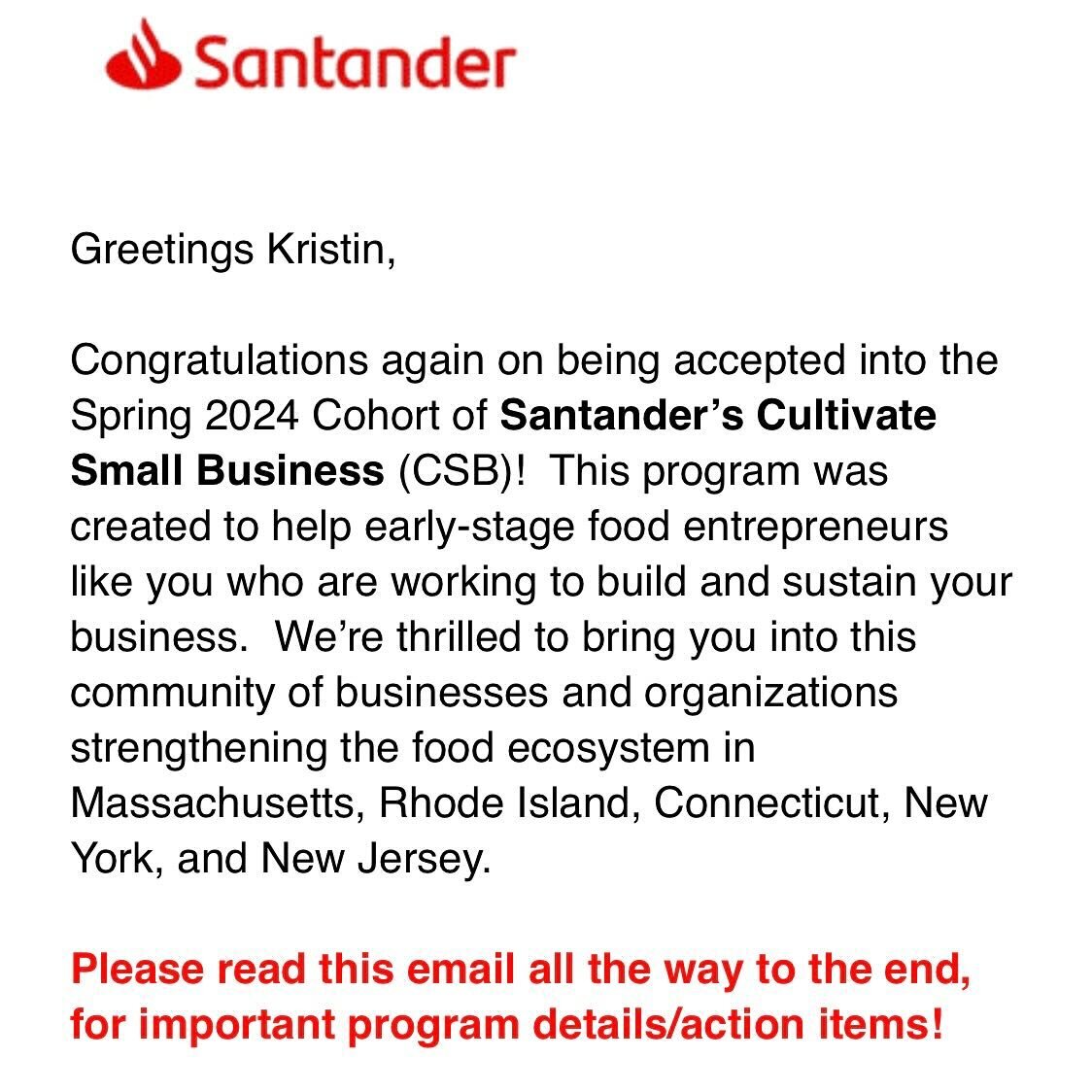 Absolutely THRILLED to be accepted into the @cultivatesmallbusiness program through @santanderbankus. It is such a great opportunity to continue to grow my business with other food entrepreneurs. Cheers to the future! 🙌☕️