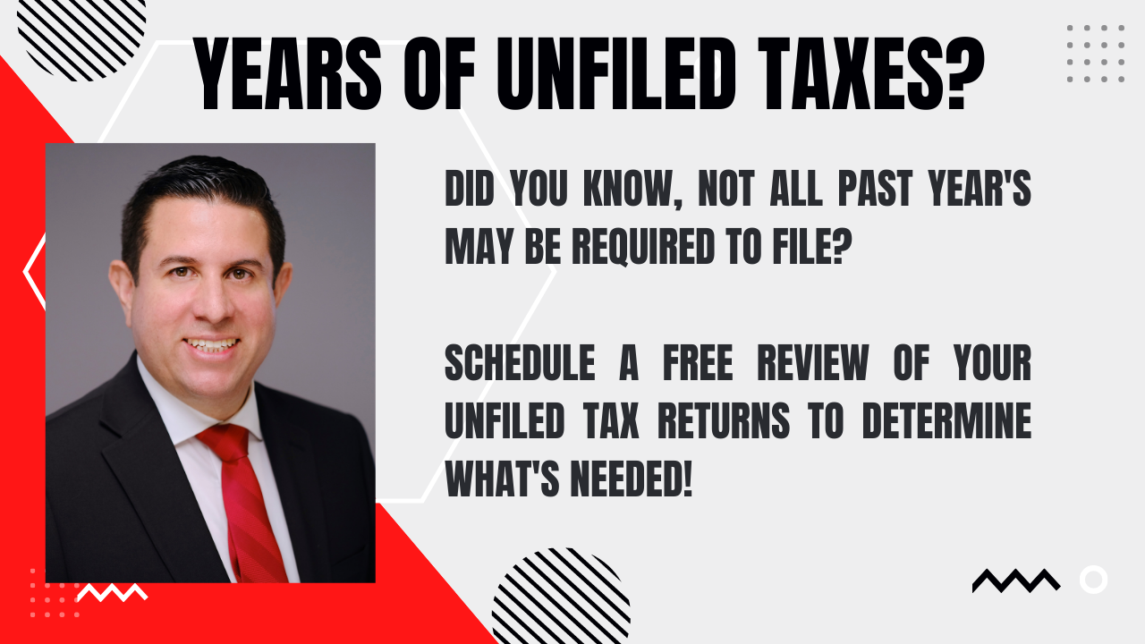 An advertisement offering a free review of unfiled tax returns, featuring a professional man in a suit and red tie, with bold black text on a gray background, and red and black design elements.