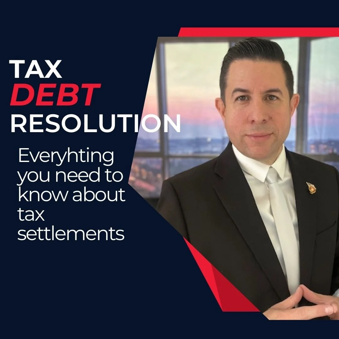 A professional man in a suit posing in front of windows with a city view, with overlay text about tax debt resolution and tax settlements.