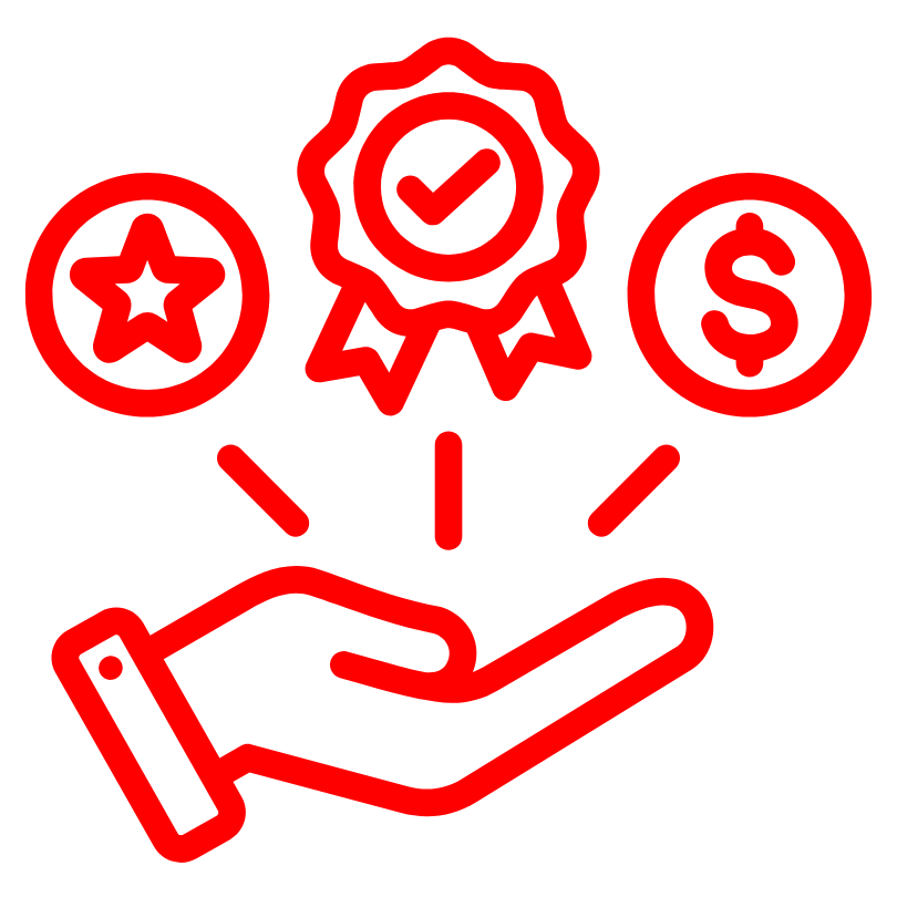 Red line art illustration of a hand holding a trophy with a checkmark, star, and dollar sign icons above it.
