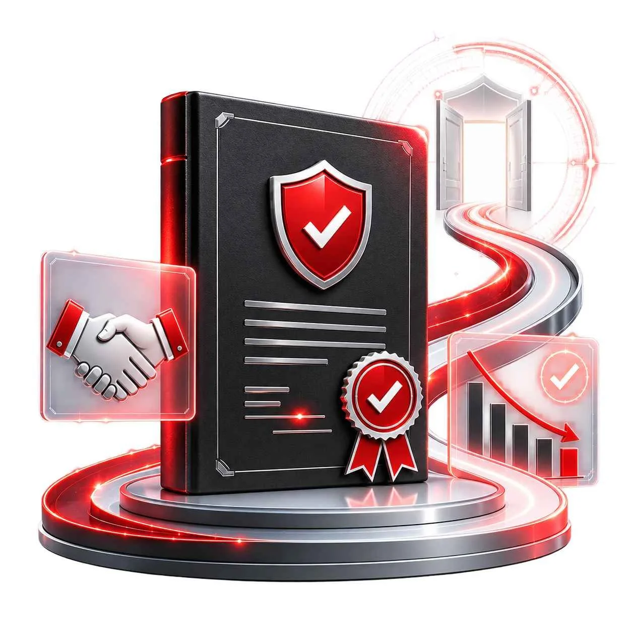 A digital illustration featuring a black book with a badge and checkmark, a handshake icon, and a declining graph, with a winding path leading through an open door in a glowing, high-tech setting.