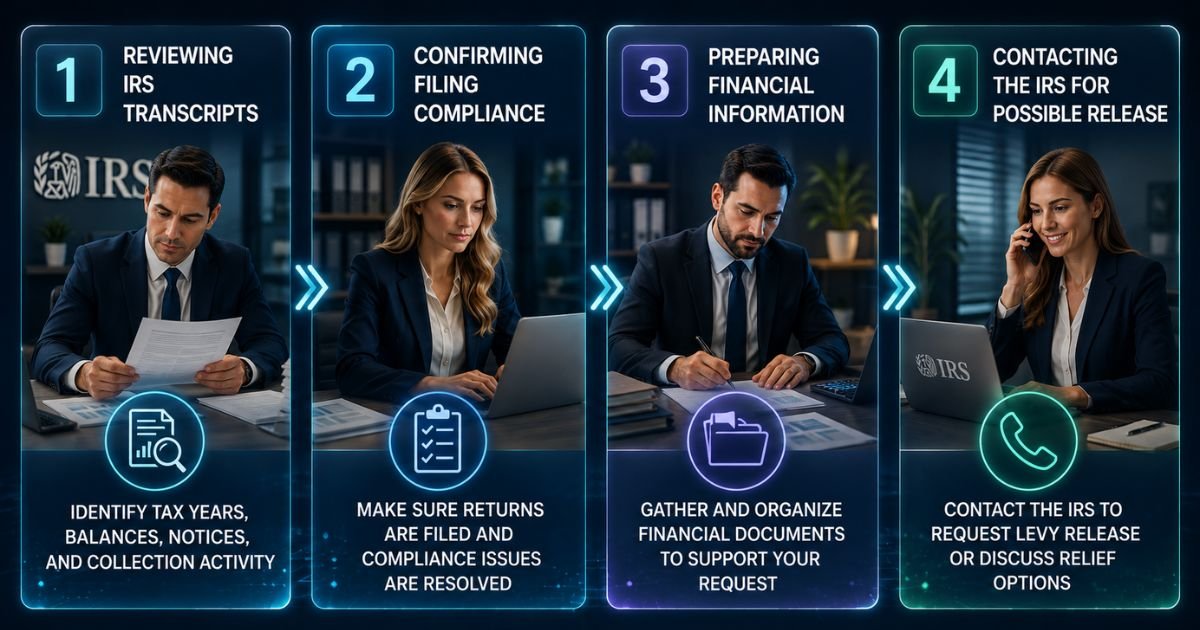 A four-step digital infographic outlining the IRS tax audit process. Step 1: Reviewing IRS transcripts, represented by a man examining documents. Step 2: Confirming filing compliance with a woman working on a laptop. Step 3: Preparing financial information shown by a man writing at a desk. Step 4: Contacting the IRS for possible release, depicted by a woman talking on the phone.