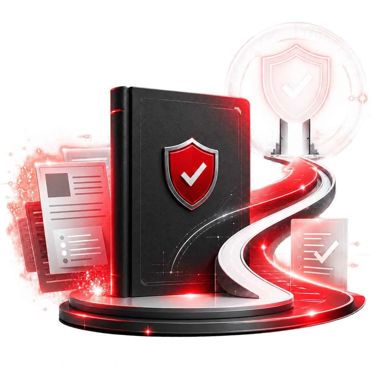 A digital illustration of a black book with a shield emblem featuring a checkmark, symbolizing security or protection, with a red and black color scheme and a winding path leading to a translucent shield with a checkmark in the background, surrounded by floating documents and digital graphics.