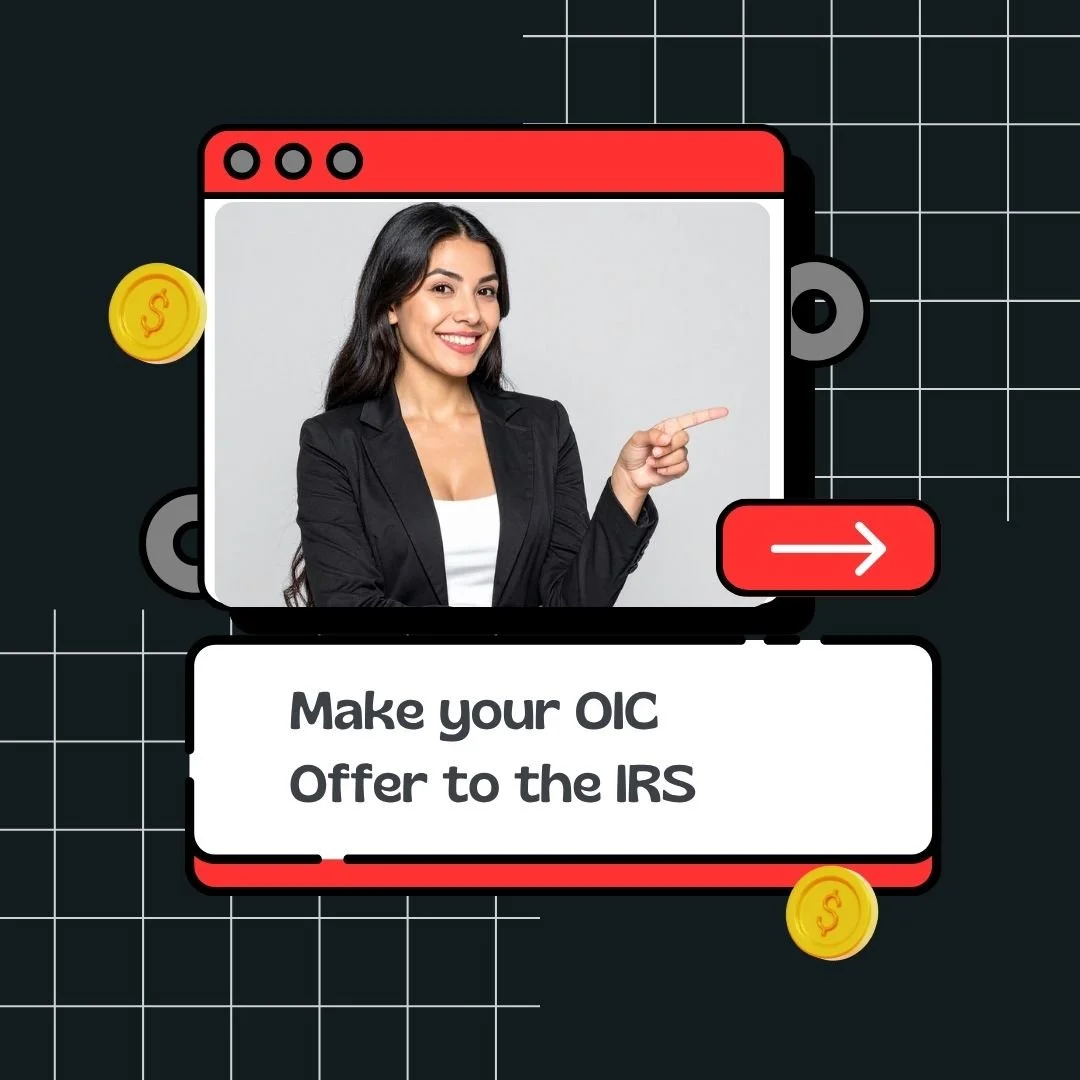 A woman in a black blazer smiling and pointing to the right, inside a graphic representation of a web page window with a red header, alongside a message that says "Make your OIC Offer to the IRS". There are also illustrated gold coins with dollar signs around the graphic.