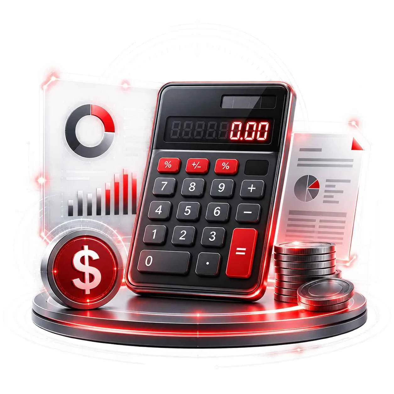 A digital calculator surrounded by financial icons including a dollar sign, coins, and financial charts with red and black accents.