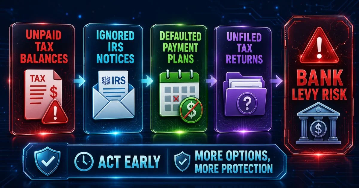 Flowchart illustrating risks of unpaid tax balances, ignored IRS notices, defaulted payment plans, and unfiled tax returns leading to bank levies and risk, with options to act early for more protection.