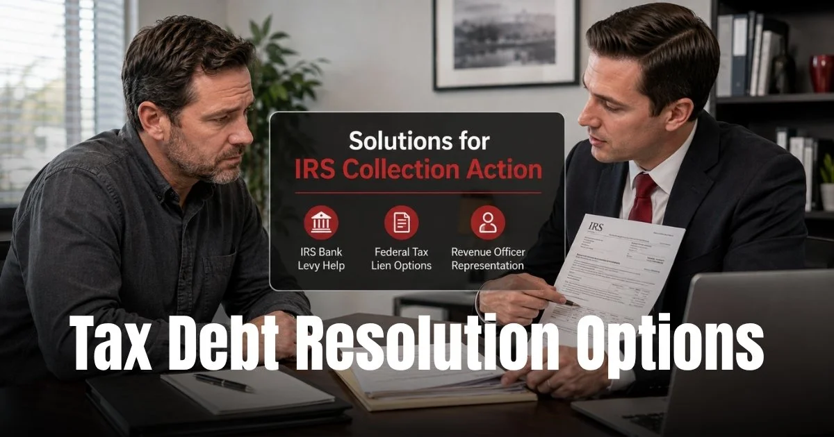 Tax relief specialist explaining IRS collection solutions and tax debt resolution options to a client