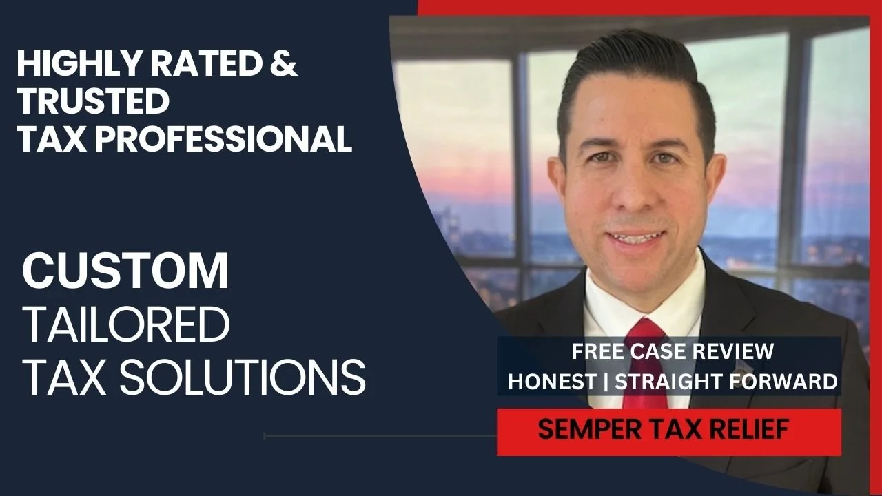 A promotional graphic for a tax professional features a man in a suit and tie smiling against a cityscape background. The graphic includes text promoting trusted, customized tax solutions, free case reviews, honesty, straightforwardness, and tax relief.