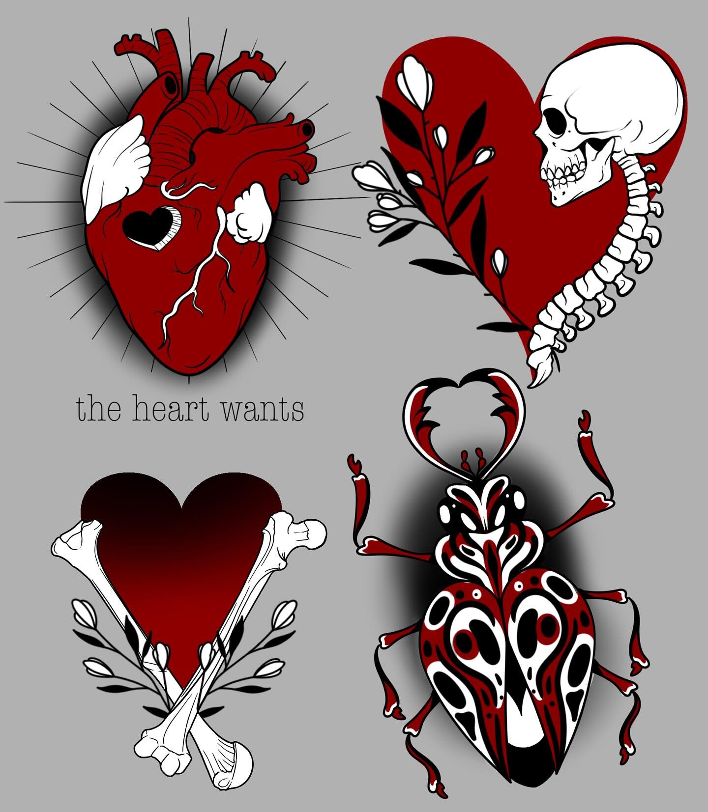 Valentines month flash! I'll be doing these guys at a discounted flat price all month. All pieces priced at hand sized flash for arms and legs. 
Skull Heart $200
Bones heart $150
Love Bug $150
Heart Wants $200