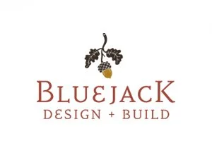 Logo for Bluejack Design + Build featuring a stylized acorn and leaf design