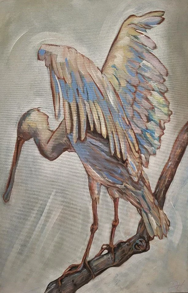 Painting of a heron standing on a branch with colorful feathers and a curved beak.