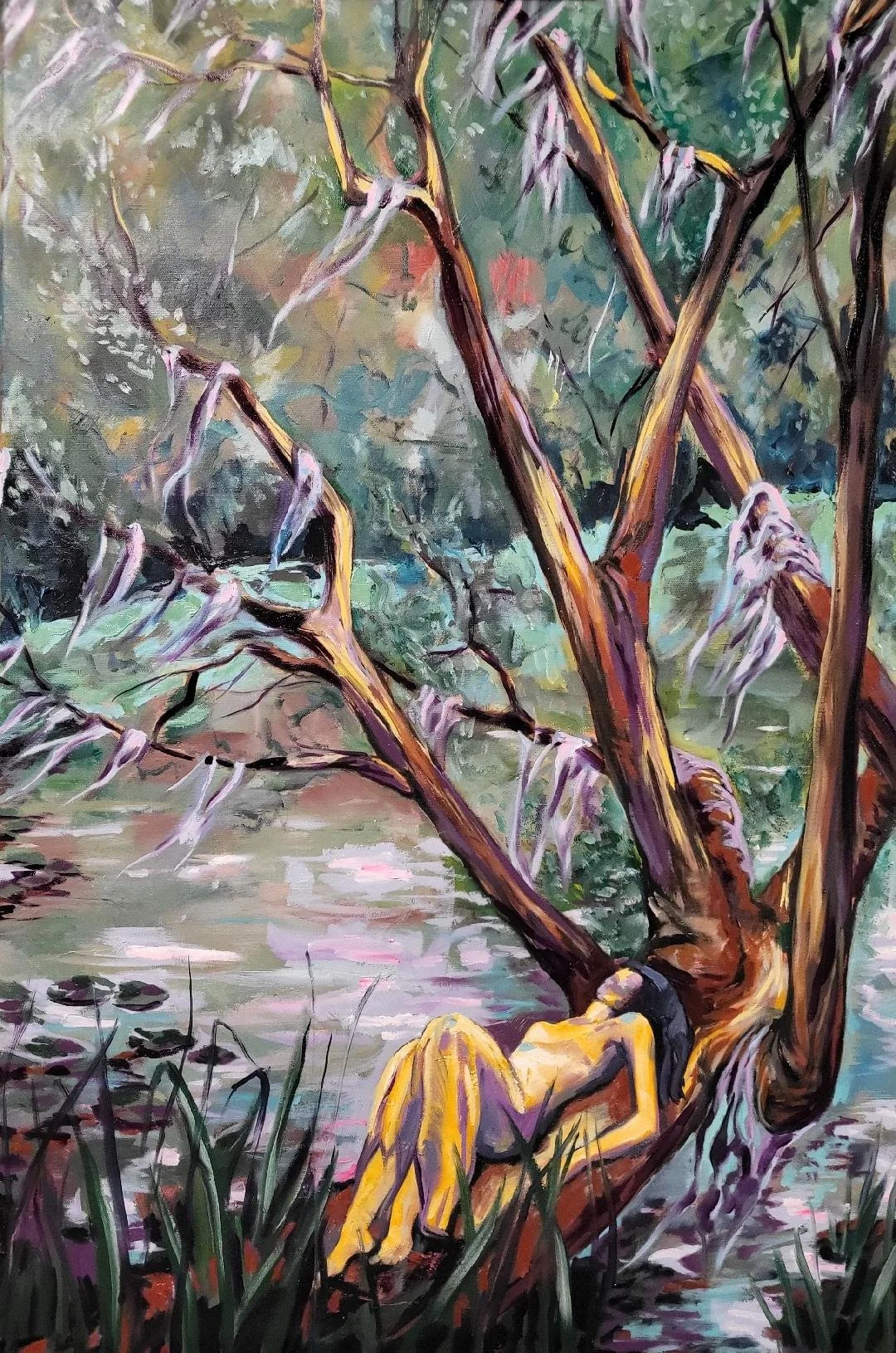 A painting of a woman laying on an oak tree in a very lush ladscape. I titled this one Lifes surrender and is still currently available for purchase