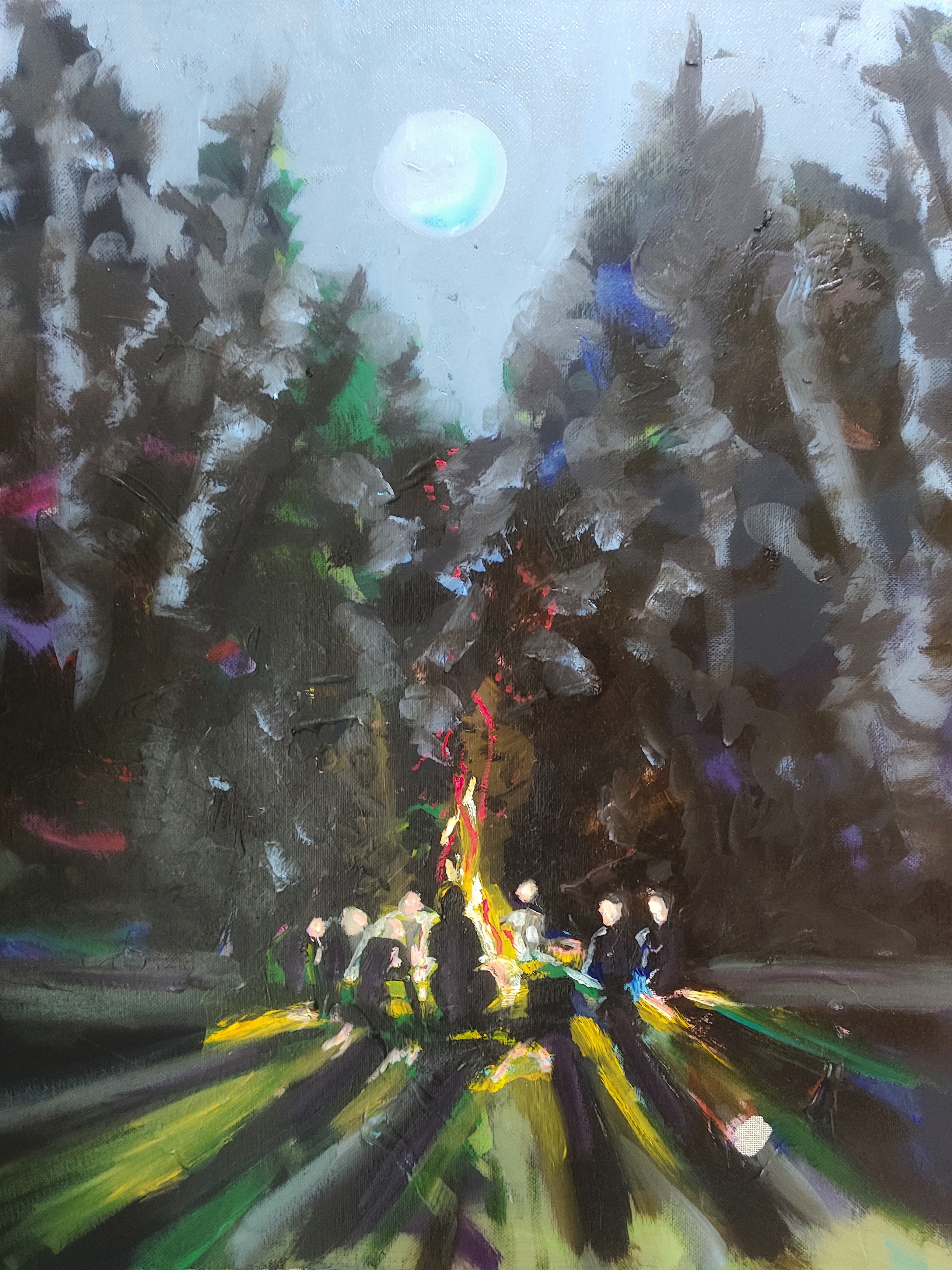 A colorful, impressionistic painting of a group of people gathered around a campfire at night under a bright full moon, with tall trees in the background.