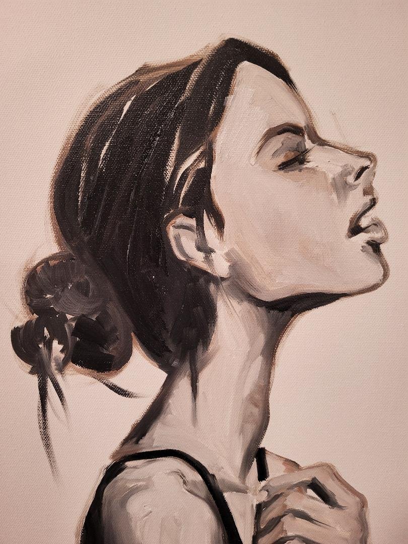 A monochrome portrait of a woman with her eyes closed, head tilted back, and hair tied in a low bun, painted in an artistic style.