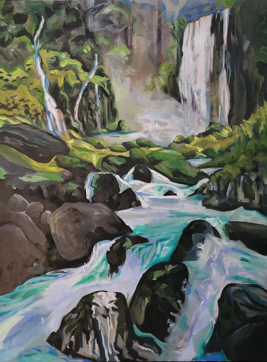 A painting of a mountain stream flowing through rocks and surrounded by lush green trees and foliage, with a waterfall in the background.