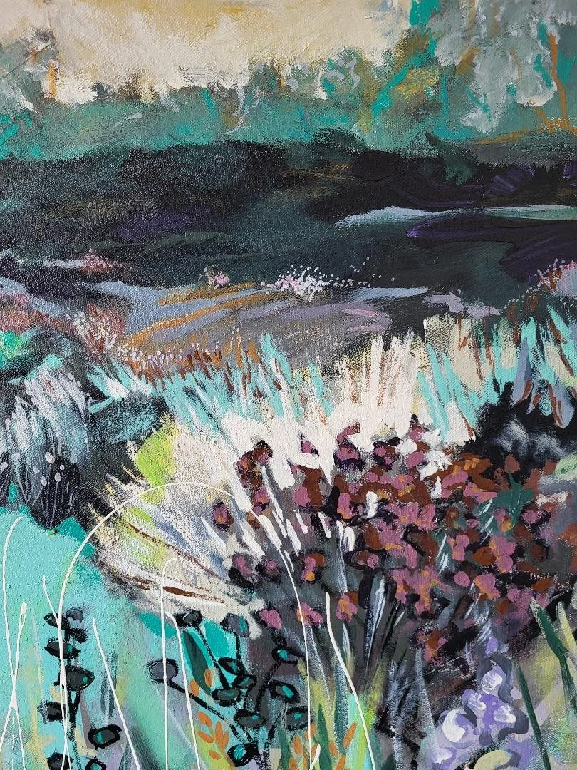 Abstract painting of a landscape with a dark water body, colorful flowers, and green and beige trees in the background.