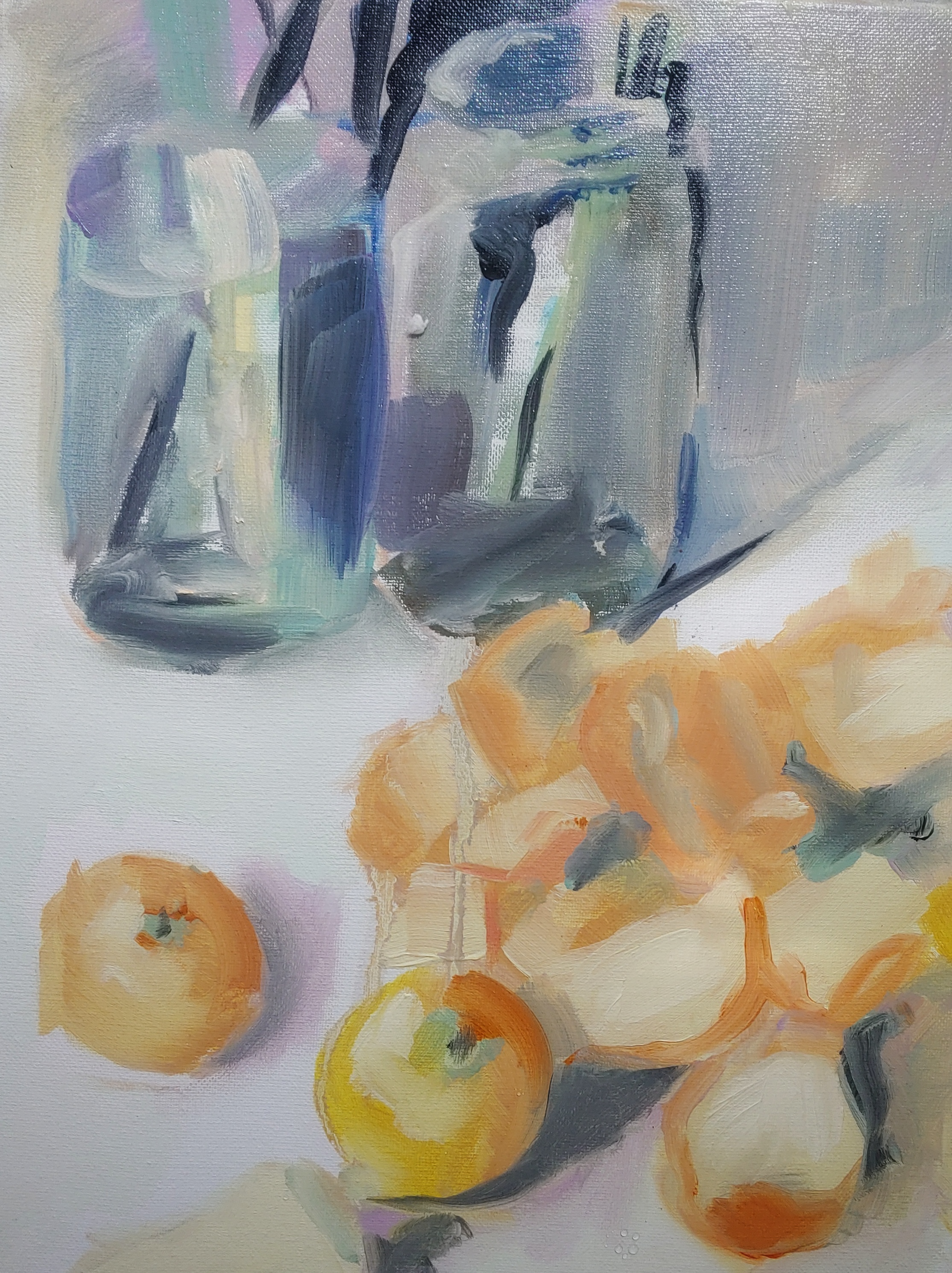 Watercolor painting of a glass jar and a mug, with apples and onion on a white surface.