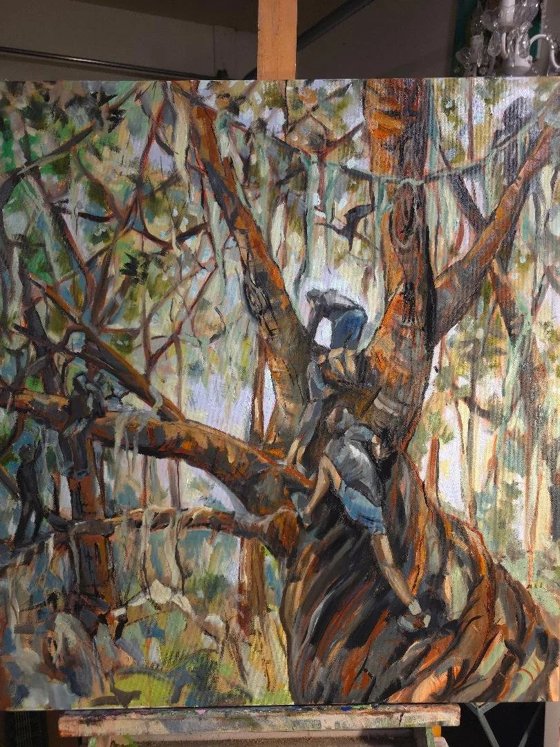 Youth, oh how nice i remember it. painting of boys climbing trees