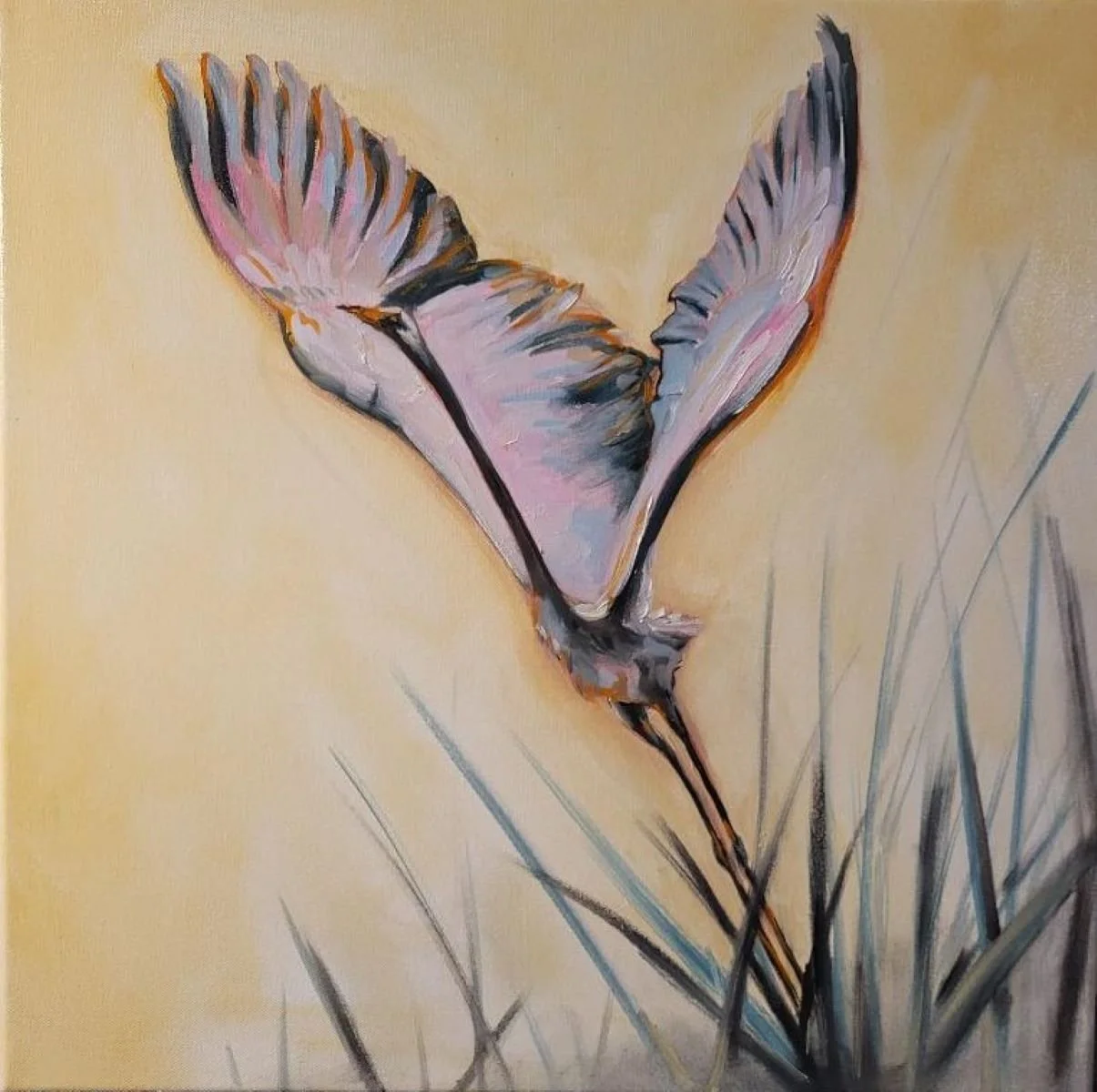 A painting of a bird in flight with outstretched wings, surrounded by tall grass, on a light yellow background.