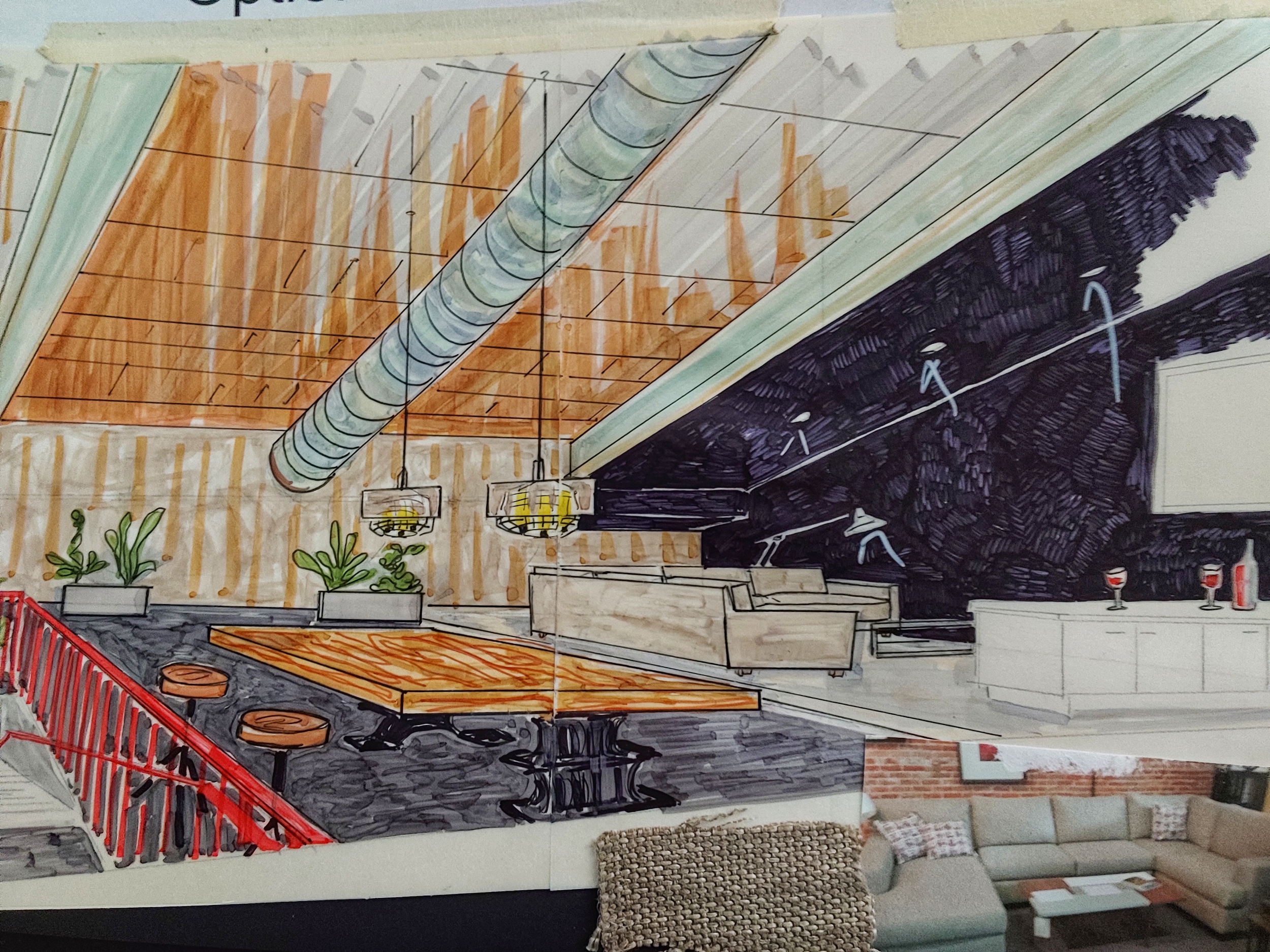 Interior of a modern loft with exposed ductwork, a black ceiling, and a mix of furniture including a dining table, bar stools, a couch, and decorative plants.