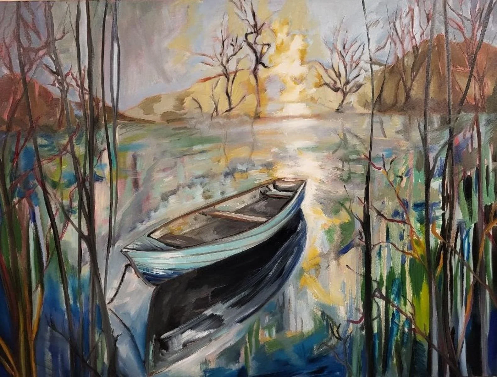 A painting of a boat on a calm lake or river, surrounded by trees with bare branches and autumn-colored foliage, with a distant hill and a cloudy sky in the background.