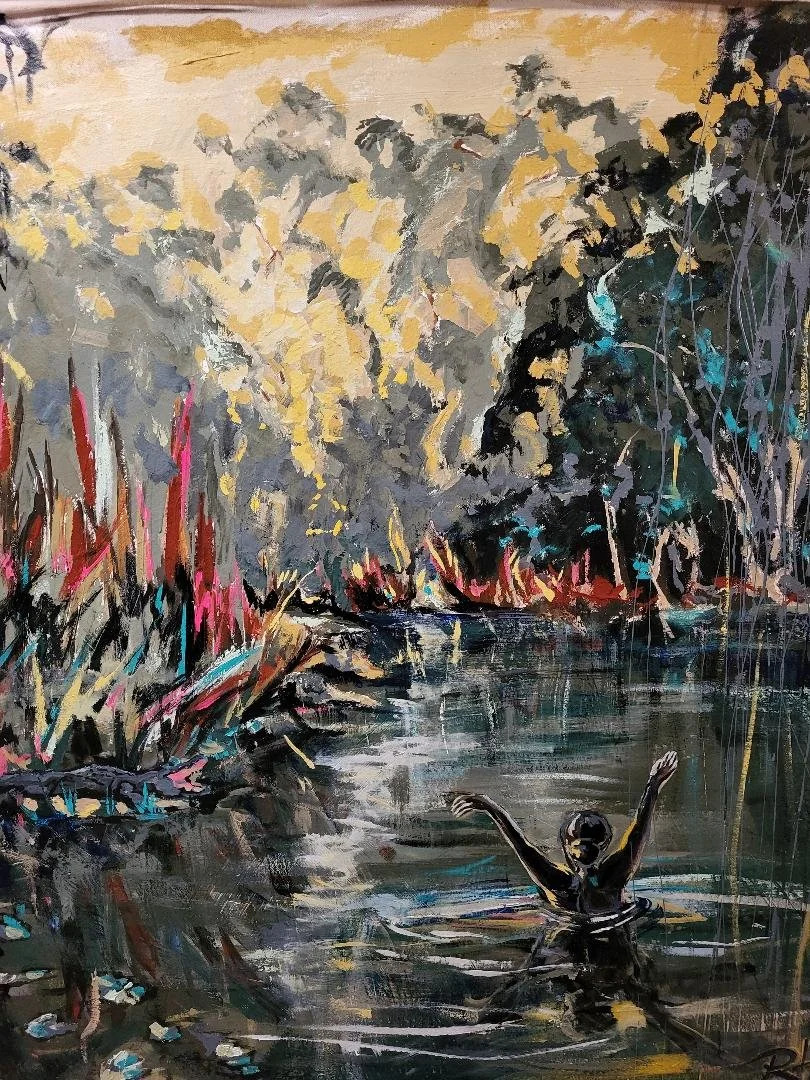 A person swimming in a pond or lake surrounded by trees and tall grasses, with a colorful, impressionistic style.
