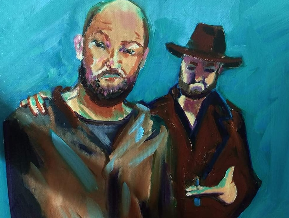 A painted portrait of two men, one with a beard and mustache wearing a brown jacket, and the other in the background wearing a wide-brimmed hat and a dark coat, against a blue background.