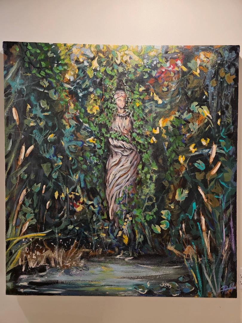 Woman statue covered in greenery. Very large rustic painting. 