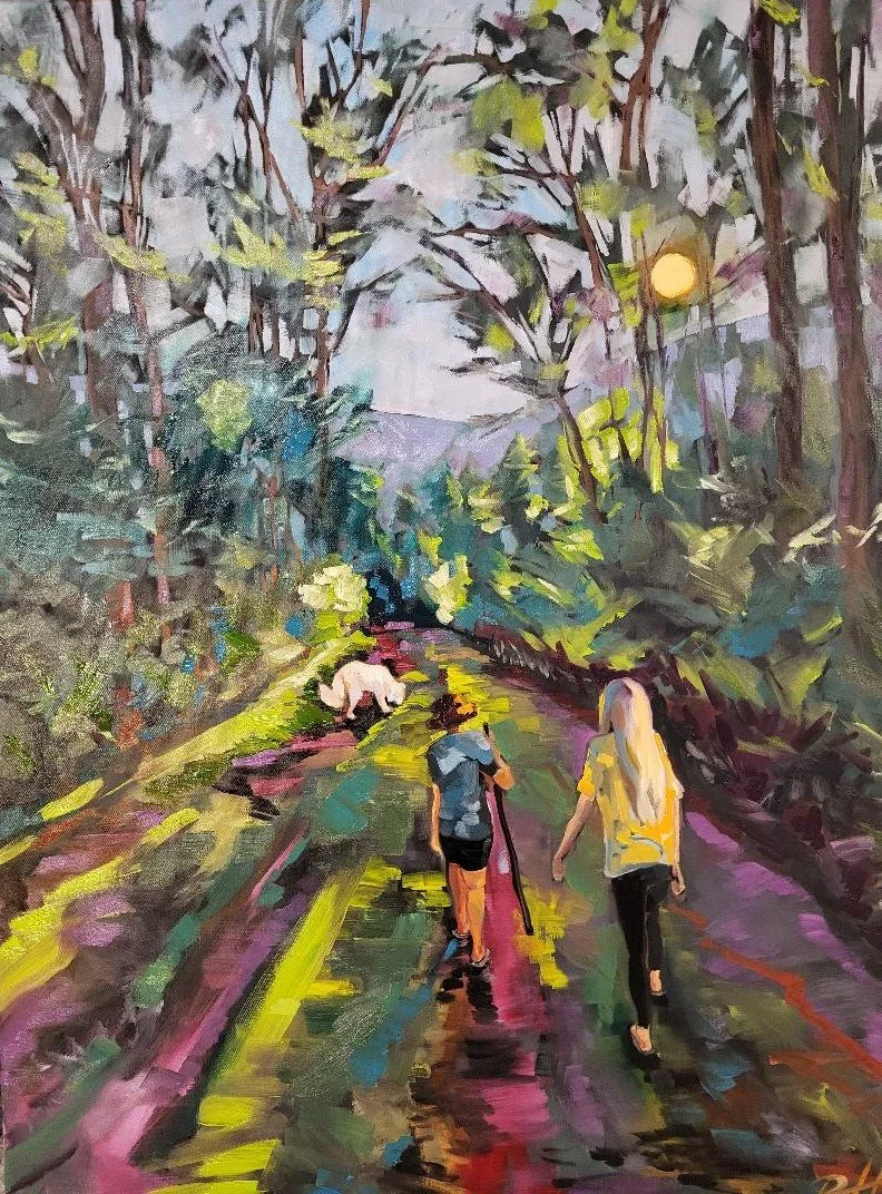 Painting of two women walking on a wet forest path surrounded by trees, with a dog ahead and a bright sun in the sky.