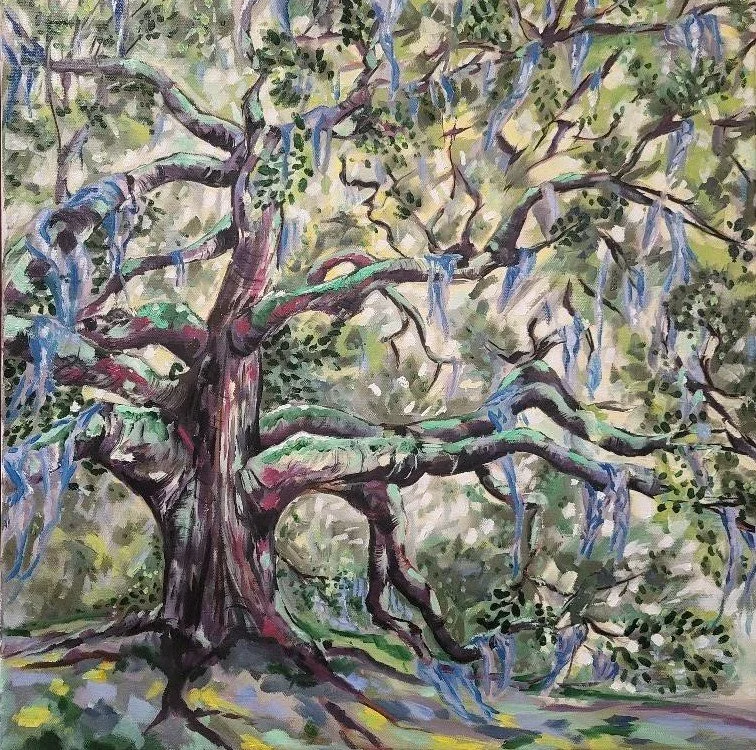 Painting of a large, gnarled tree with hanging blue lichens, surrounded by greenery.