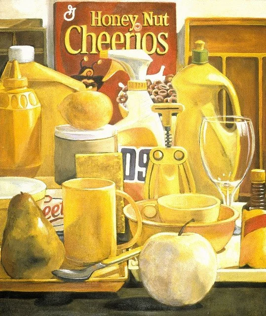 A still life painting of various breakfast items, including a pear, apples, a cereal box, a honey jar, cups, a glass, and condiments on a table.