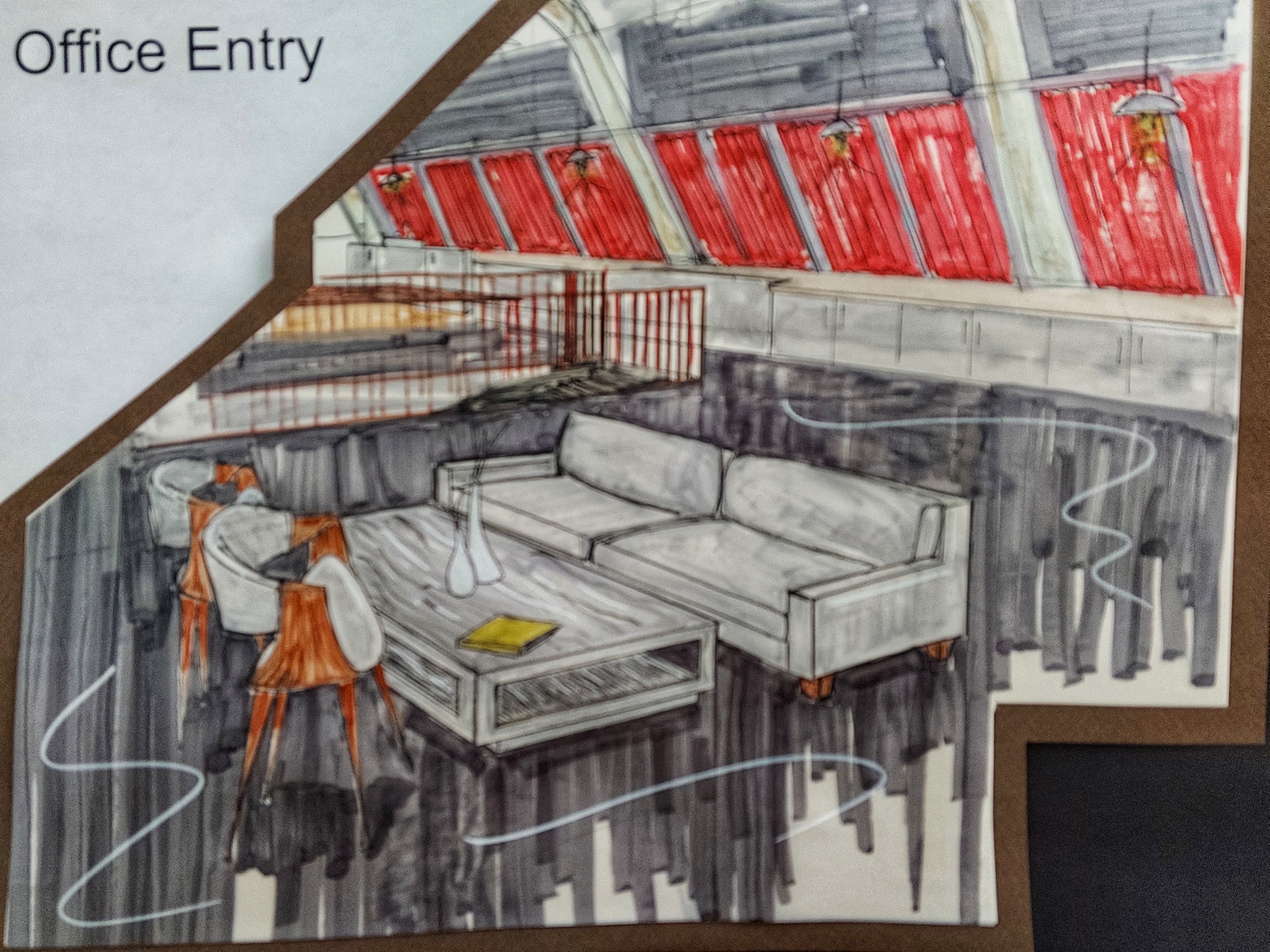Illustration of an office lounge area with a sectional sofa, coffee table, two orange chairs, and red window blinds, labeled 'Office Entry' in the upper corner.