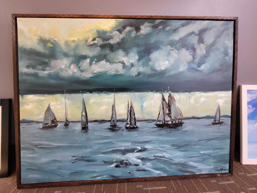 A painting of sailboats on the water under a stormy sky with dark clouds and patches of lighter sky.
