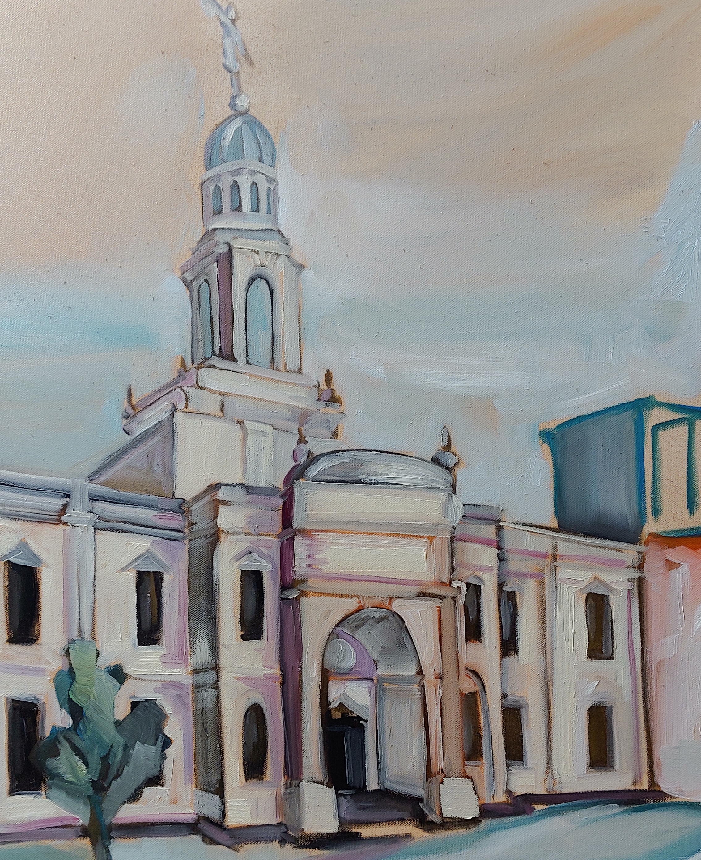 A watercolor painting of a historical building with a prominent tower, arched entrance, and a blue-green dome, under a cloudy sky with a tree in the foreground.