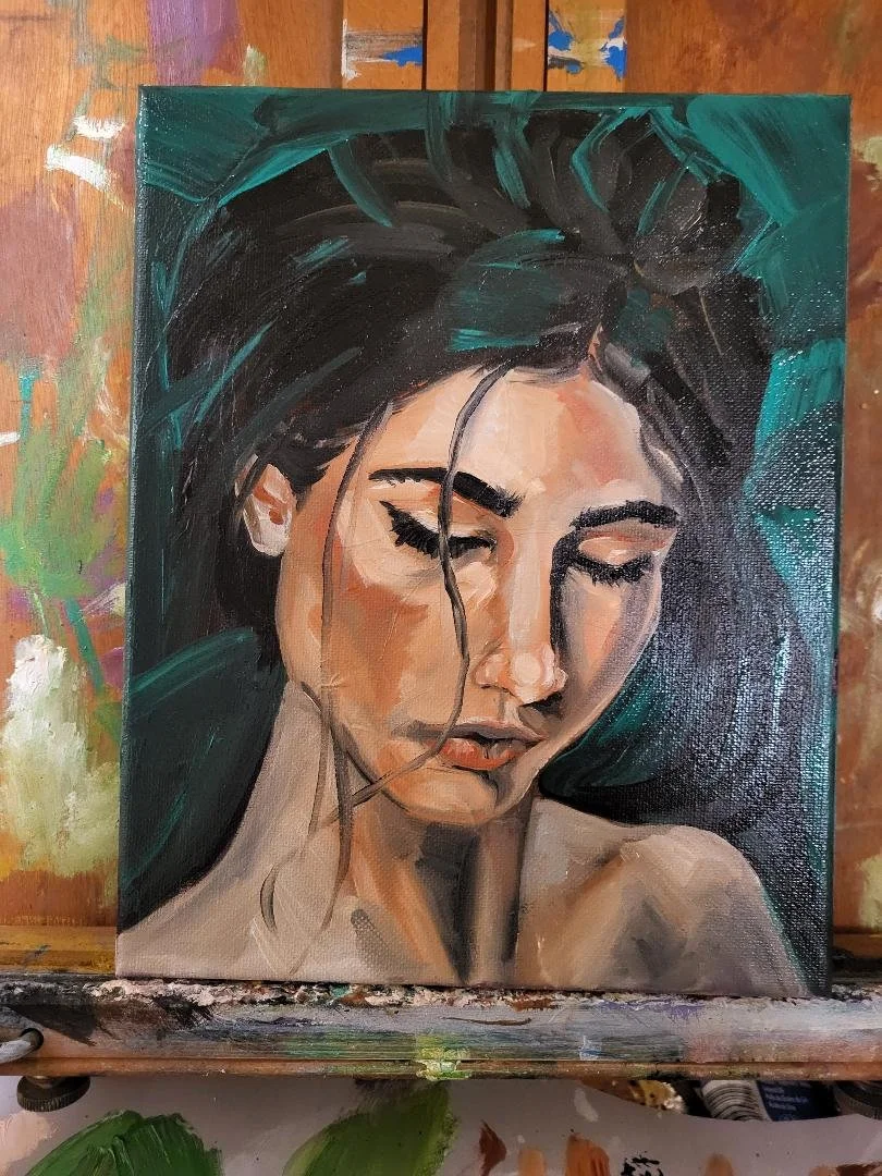 A painting of a woman with closed eyes, dark flowing hair, and a serene expression, using earthy tones and dark background.