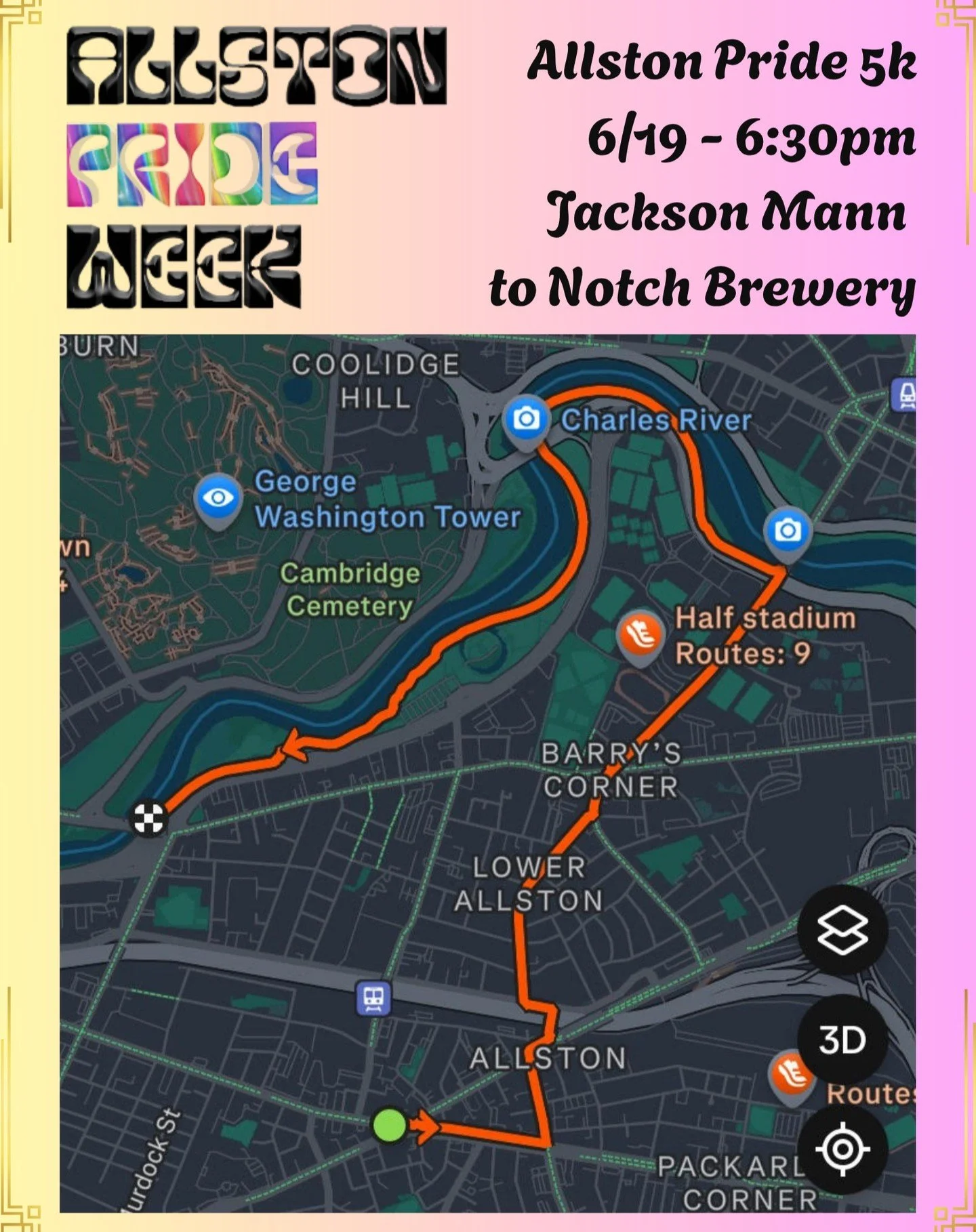 Brave the heat and join us and @brightonbangers for our annual Allston Pride 5k today at 6:30!

We'll be meeting up in front of the Rita Hester mural at the Jackson Mann and following this route towards the river and ending at @notchbrewing at the @c