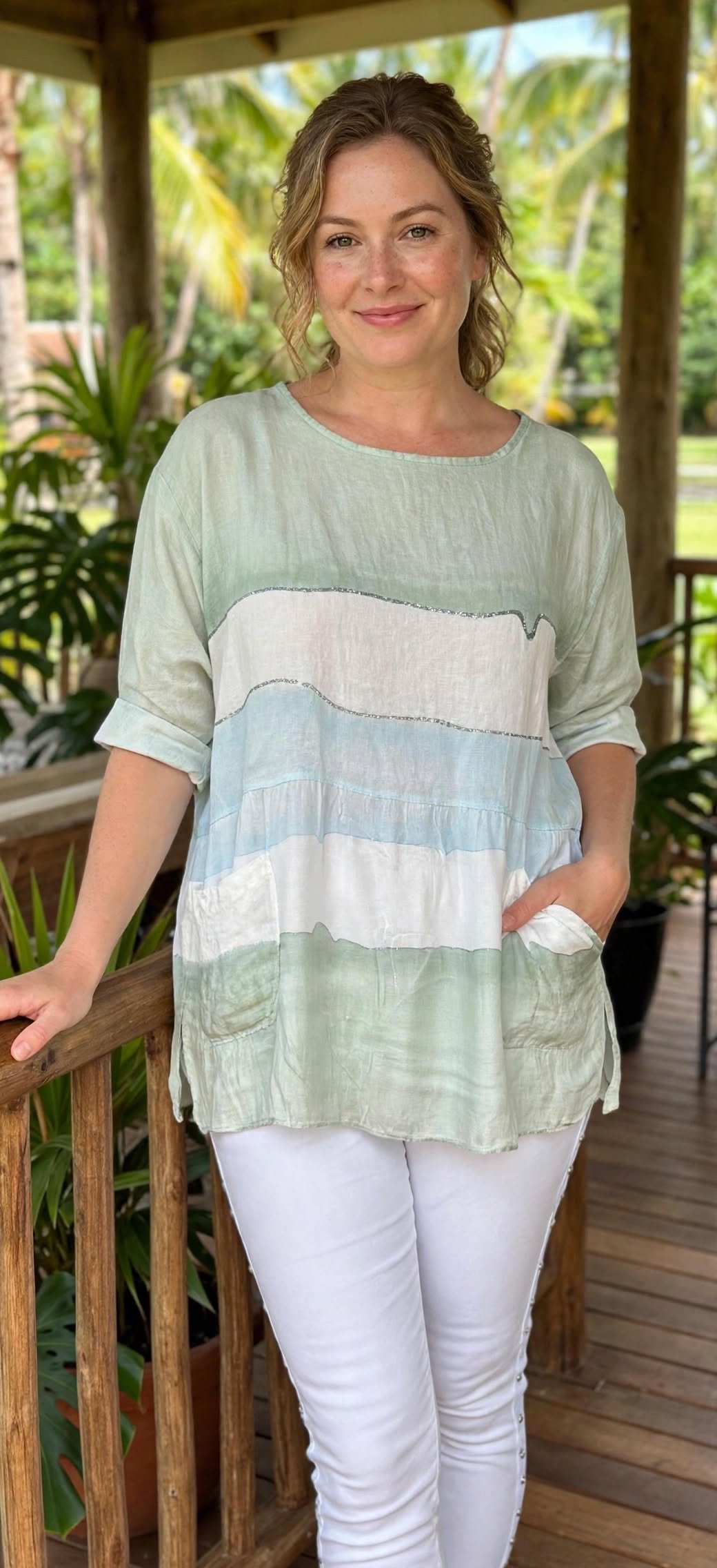 Tri Colour Top - Sage & Blue