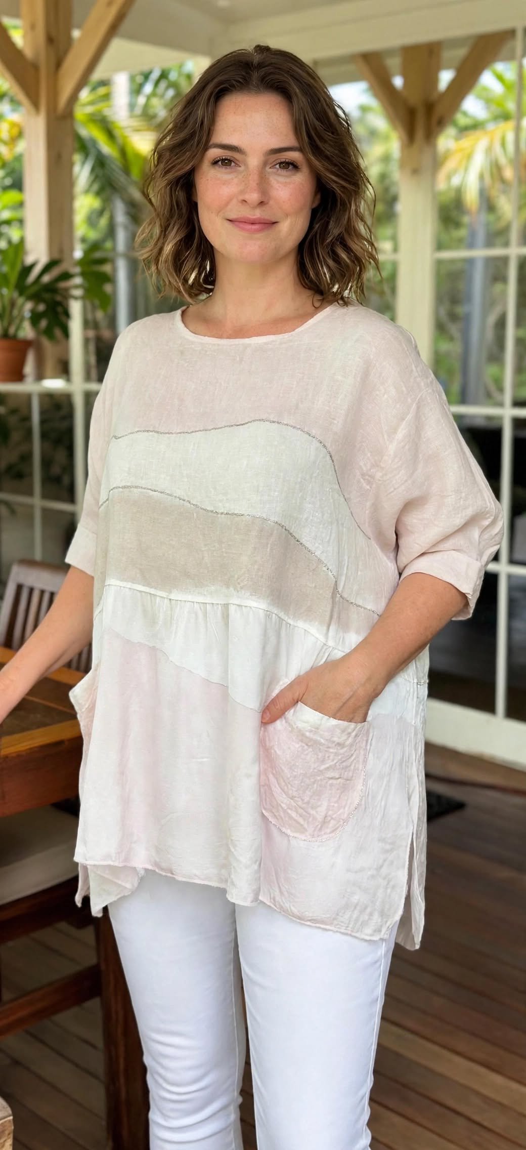 Tri Colour Top - Pink & Beige