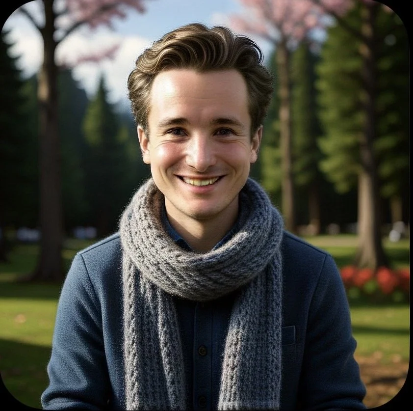 A smiling young man with short brown hair, wearing a dark jacket and a chunky gray scarf, standing outdoors in a park with green trees and pink blossoms in the background.