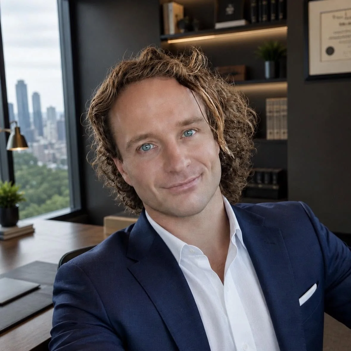 A man in a suit sitting at a desk in an office with a city view outside the window.